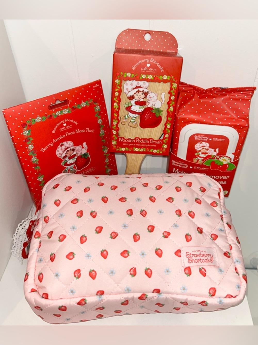 Célavi x Strawberry Shortcake Pink Strawberry Cosmetic Pouch + Skincare Bundle